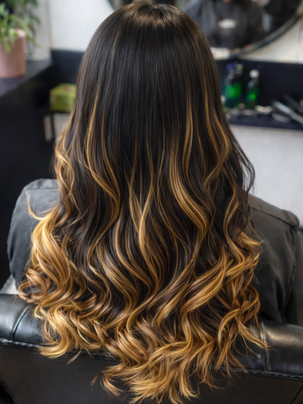 Caramel balayage curls on long brunette hair in the salon