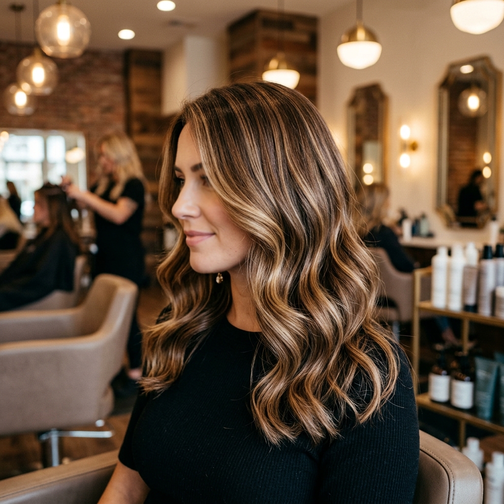 Dimensional blonde balayage styled in soft waves